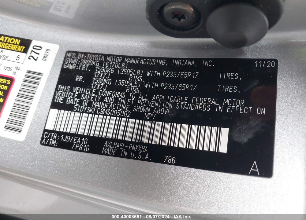 2021 TOYOTA SIENNA XLE VIN: 5TDYSKFC9MS005002