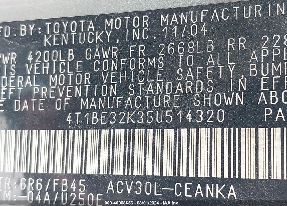 2005 TOYOTA CAMRY LE VIN: 4T1BE32K35U514320