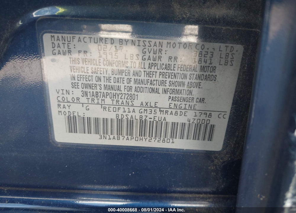 2017 NISSAN SENTRA S VIN: 3N1AB7AP0HY272801