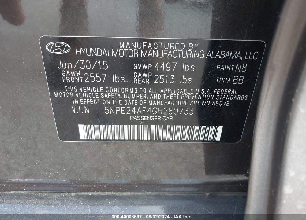 2016 HYUNDAI SONATA SE VIN: 5NPE24AF4GH260733