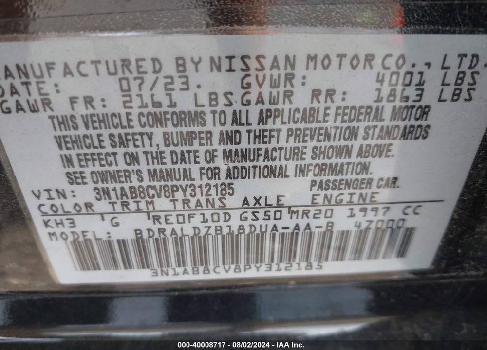 2023 NISSAN SENTRA SV XTRONIC CVT VIN: 3N1AB8CV8PY312185