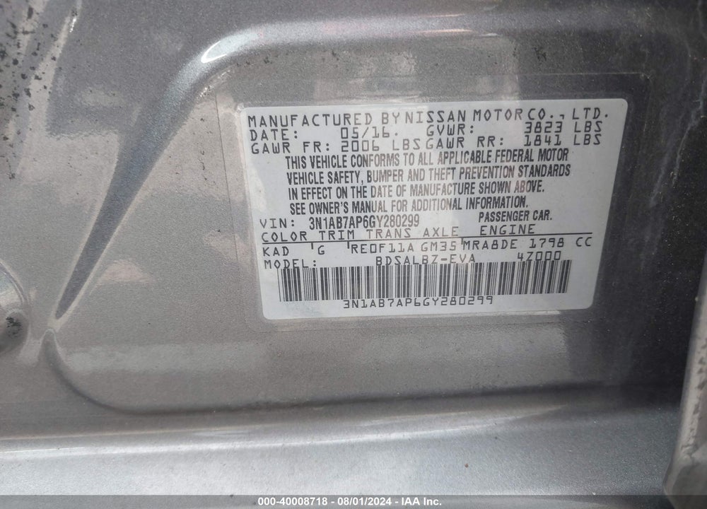 2016 NISSAN SENTRA S VIN: 3N1AB7AP6GY280299