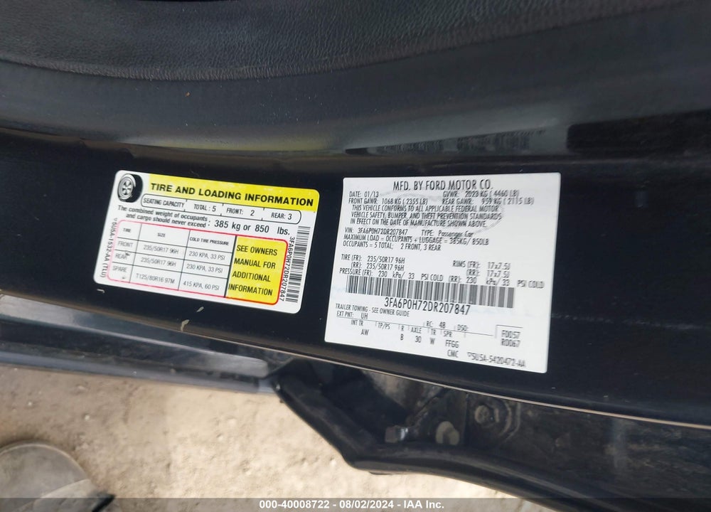 2013 FORD FUSION SE VIN: 3FA6P0H72DR207847