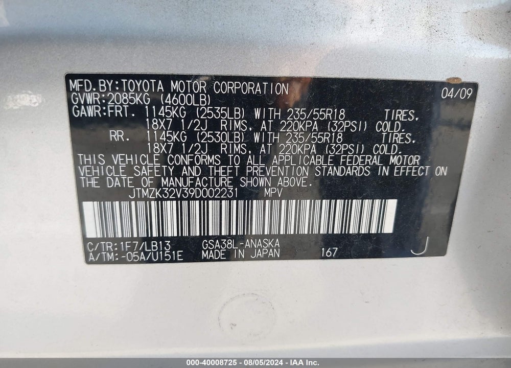 2009 TOYOTA RAV4 SPORT V6 VIN: JTMZK32V39D002231