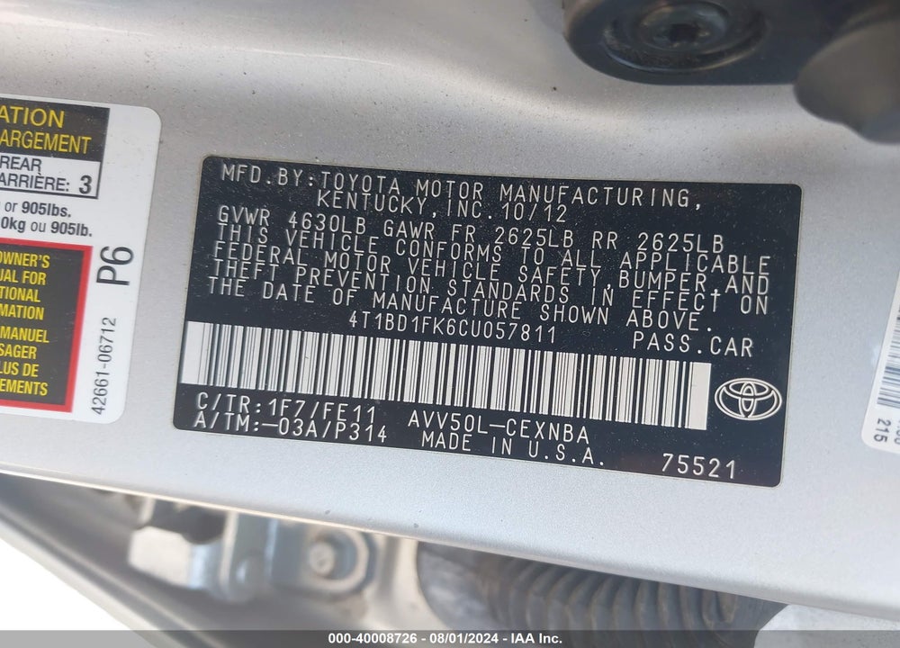 2012 TOYOTA CAMRY HYBRID LE VIN: 4T1BD1FK6CU057811