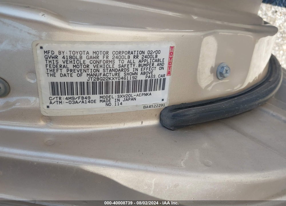 2000 TOYOTA CAMRY LE VIN: JT2BG22KXY0461192