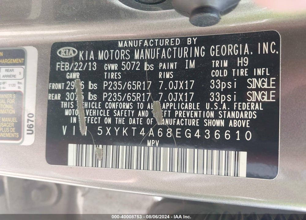 2014 KIA SORENTO LX VIN: 5XYKT4A68EG436610