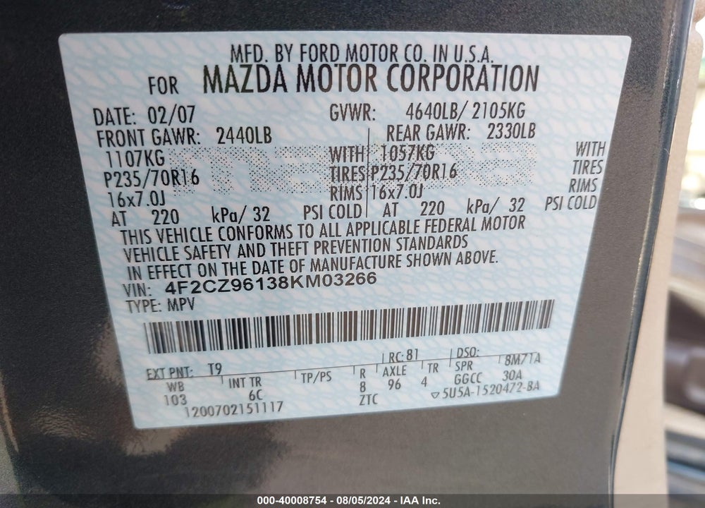 2008 MAZDA TRIBUTE S GRAND TOURING VIN: 4F2CZ96138KM03266