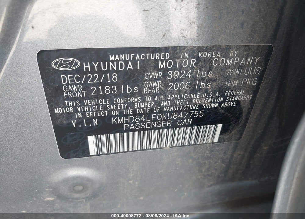 2019 HYUNDAI ELANTRA VALUE EDITION VIN: KMHD84LF0KU847755