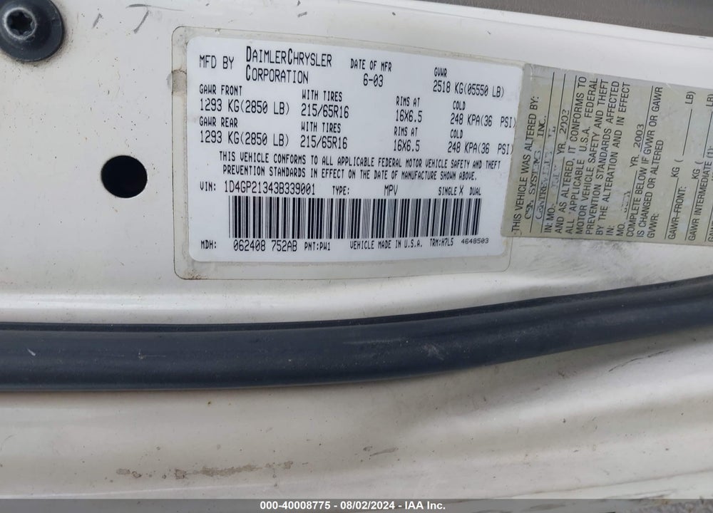 2003 DODGE CARAVAN CV VIN: 1D4GP21343B339001