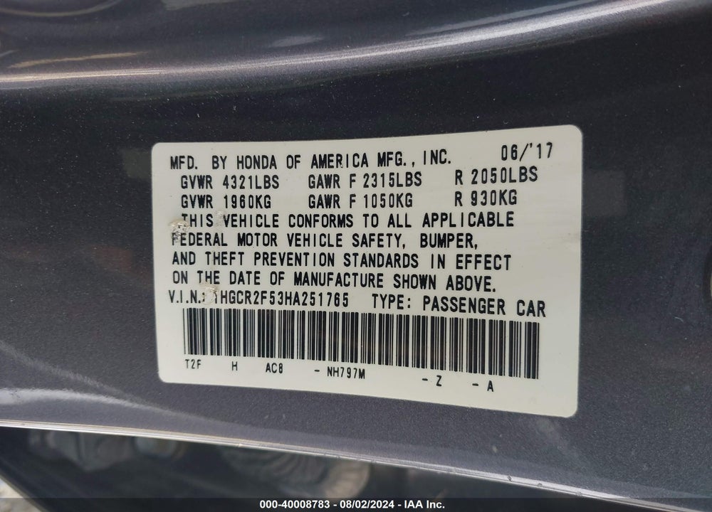 2017 HONDA ACCORD SPORT VIN: 1HGCR2F53HA251765