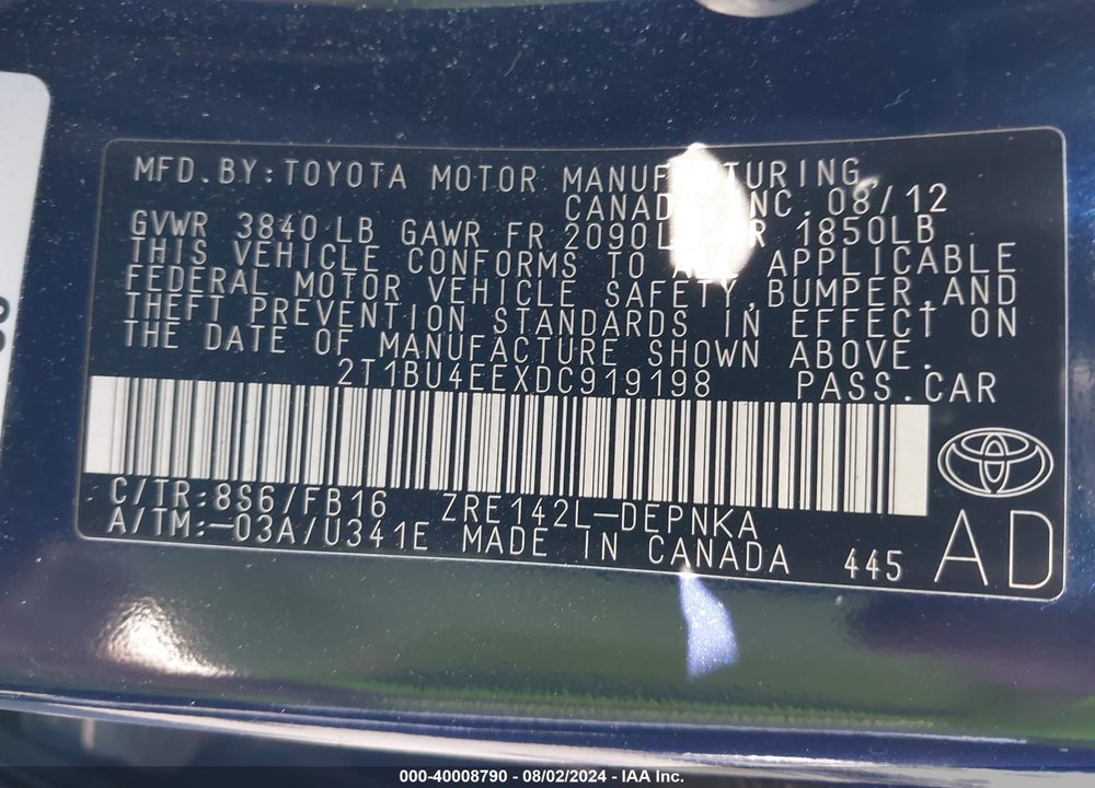 2013 TOYOTA COROLLA LE VIN: 2T1BU4EEXDC919198