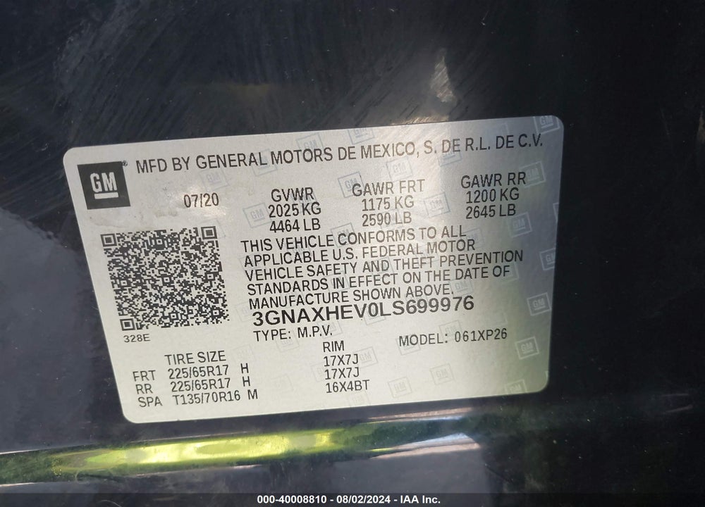 2020 CHEVROLET EQUINOX VIN: 3GNAXHEV0LS699976