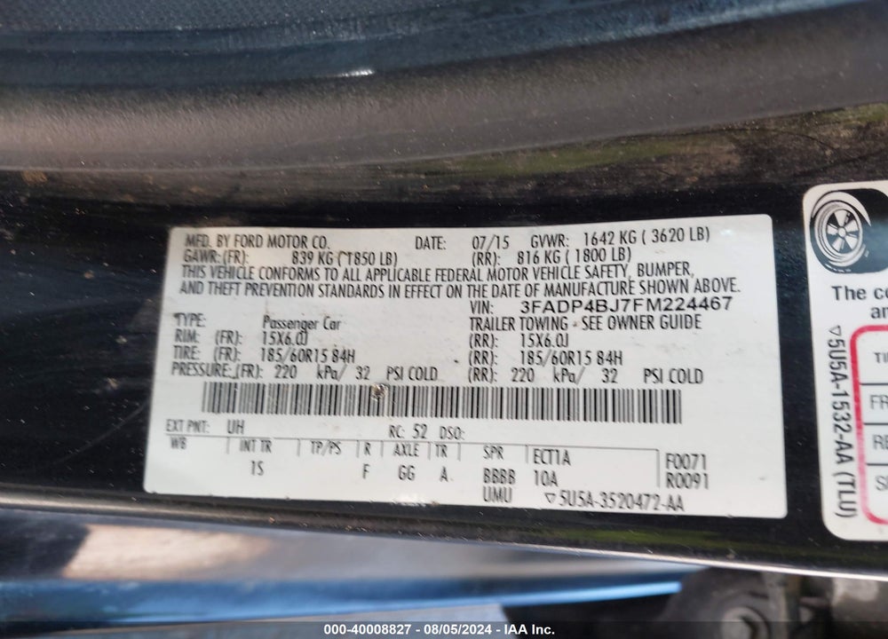 2015 FORD FIESTA SE VIN: 3FADP4BJ7FM224467