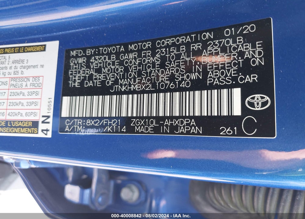 2020 TOYOTA C-HR LE VIN: JTNKHMBX2L1076140