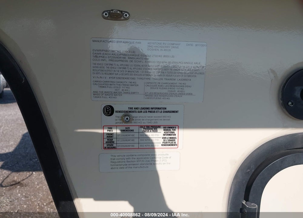 2014 KEYSTONE LAREDO 278 SRL VIN: 4YDF32923EK601560