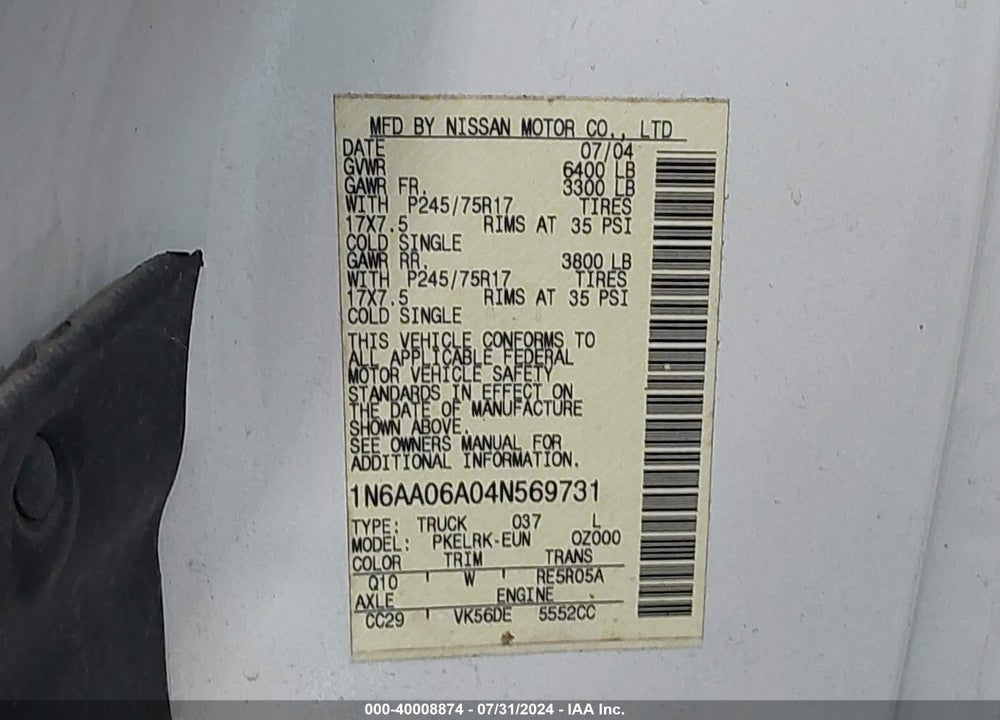 2004 NISSAN TITAN XE VIN: 1N6AA06A04N569731