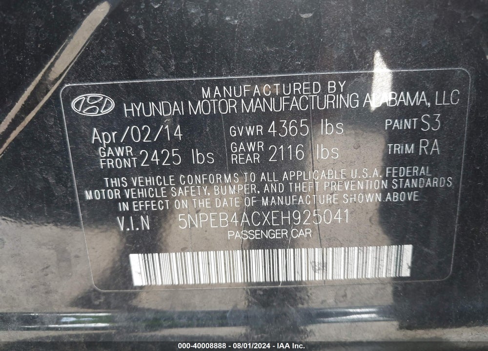 2014 HYUNDAI SONATA GLS VIN: 5NPEB4ACXEH925041
