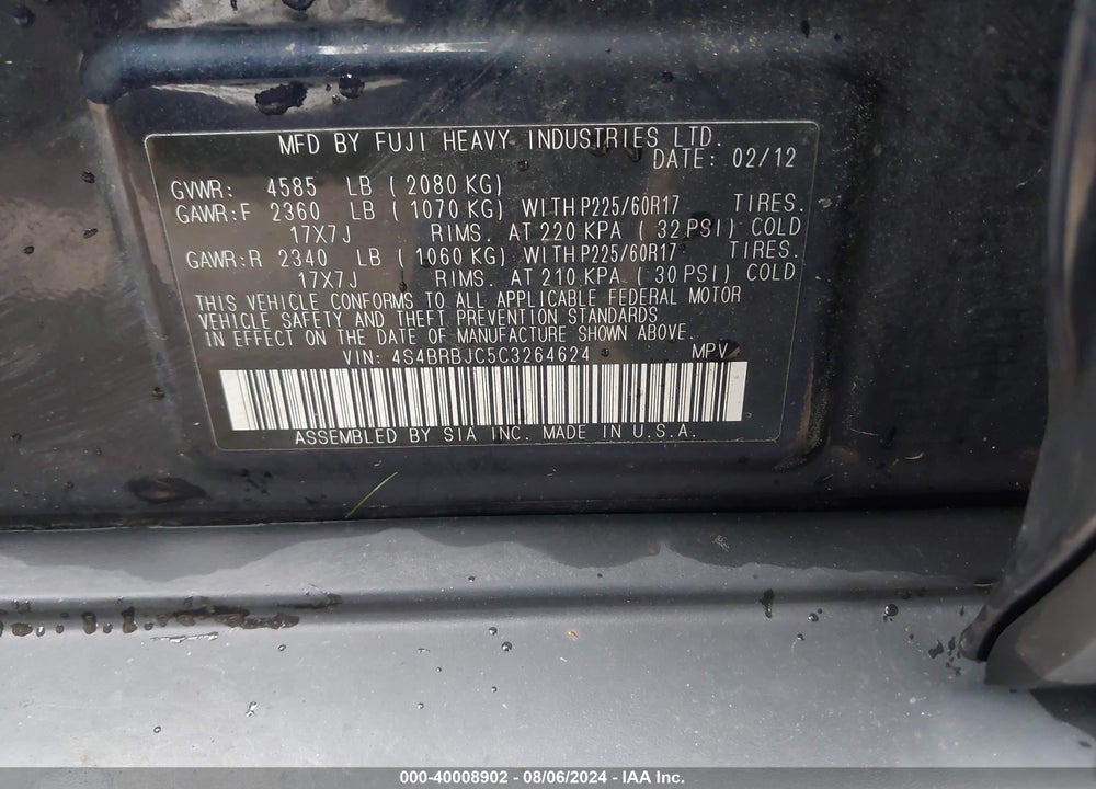 2012 SUBARU OUTBACK 2.5I LIMITED VIN: 4S4BRBJC5C3264624