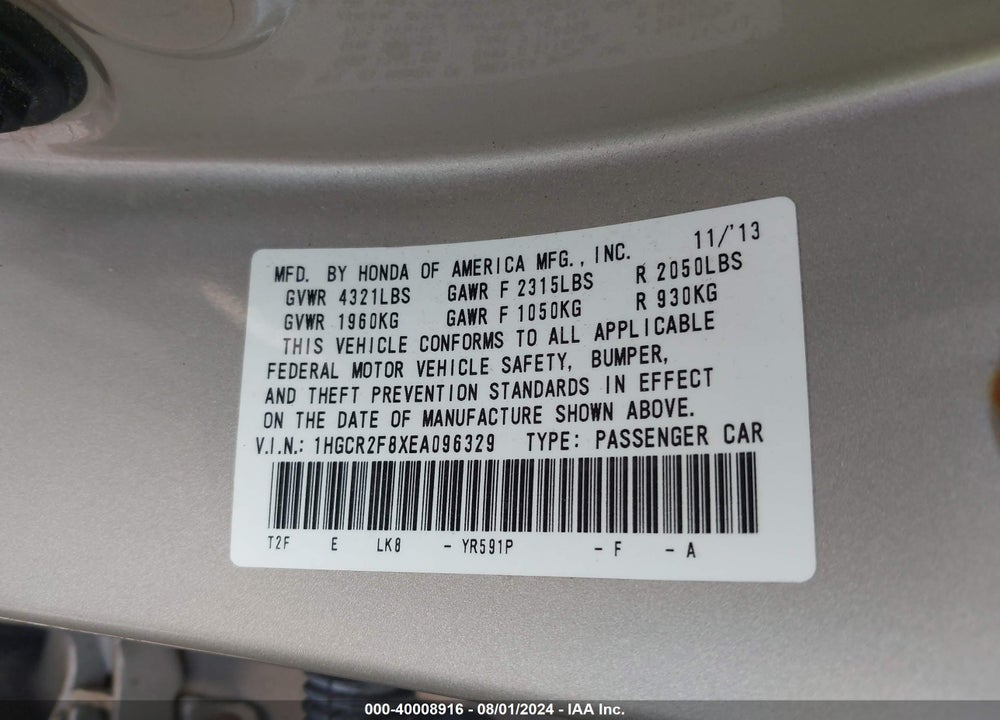 2014 HONDA ACCORD EX-L VIN: 1HGCR2F8XEA096329