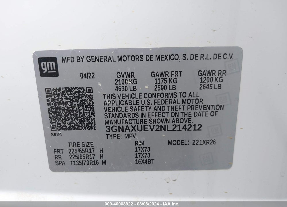 2022 CHEVROLET EQUINOX VIN: 3GNAXUEV2NL214212