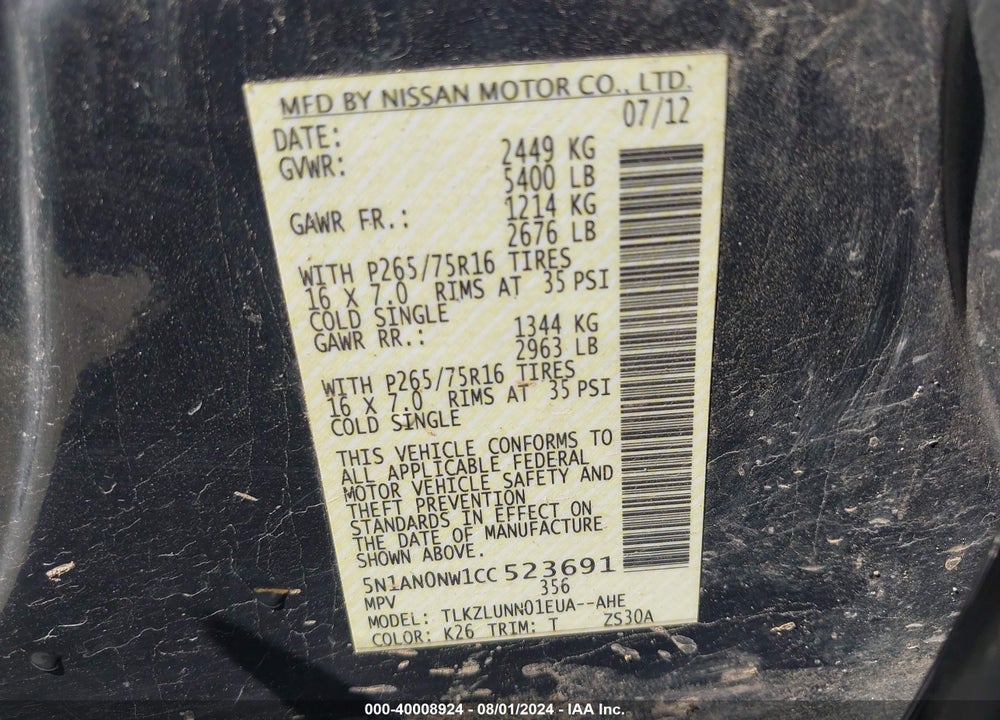 2012 NISSAN XTERRA PRO - 4X VIN: 5N1AN0NW1CC523691