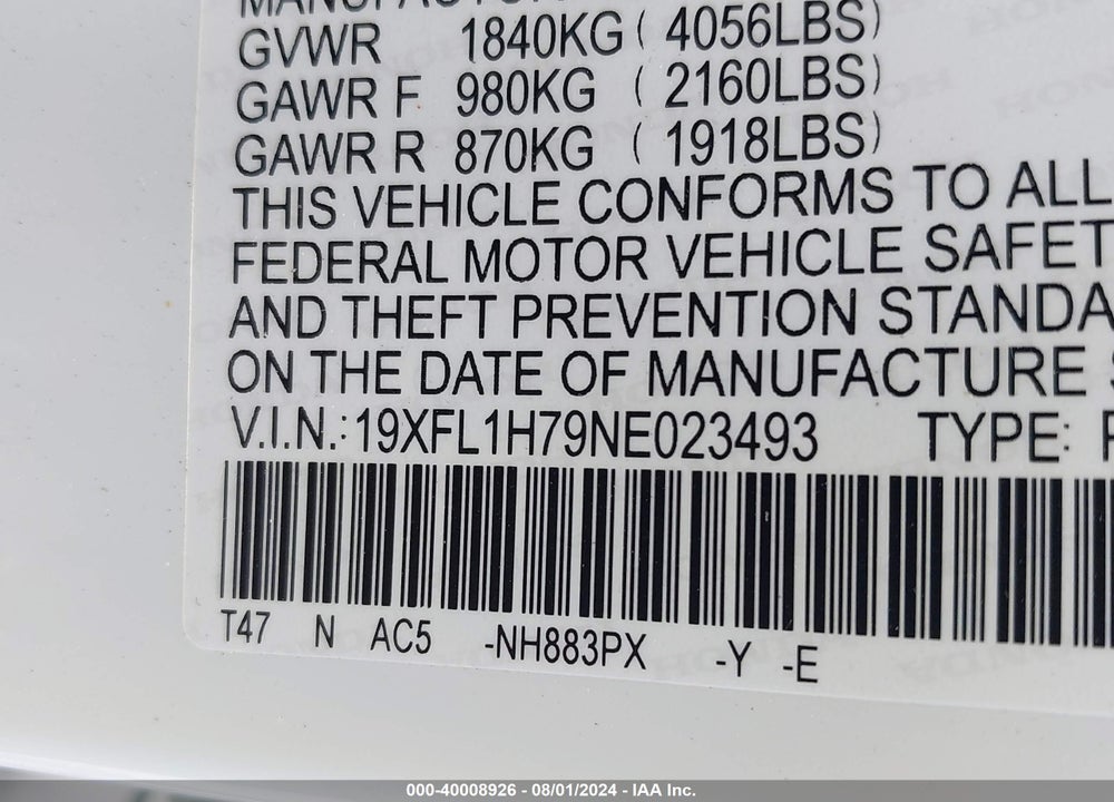 2022 HONDA CIVIC VIN: 19XFL1H79NE023493
