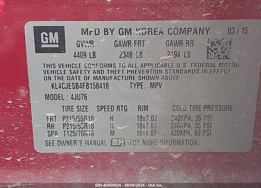 2015 BUICK ENCORE VIN: KL4CJESB4FB158418
