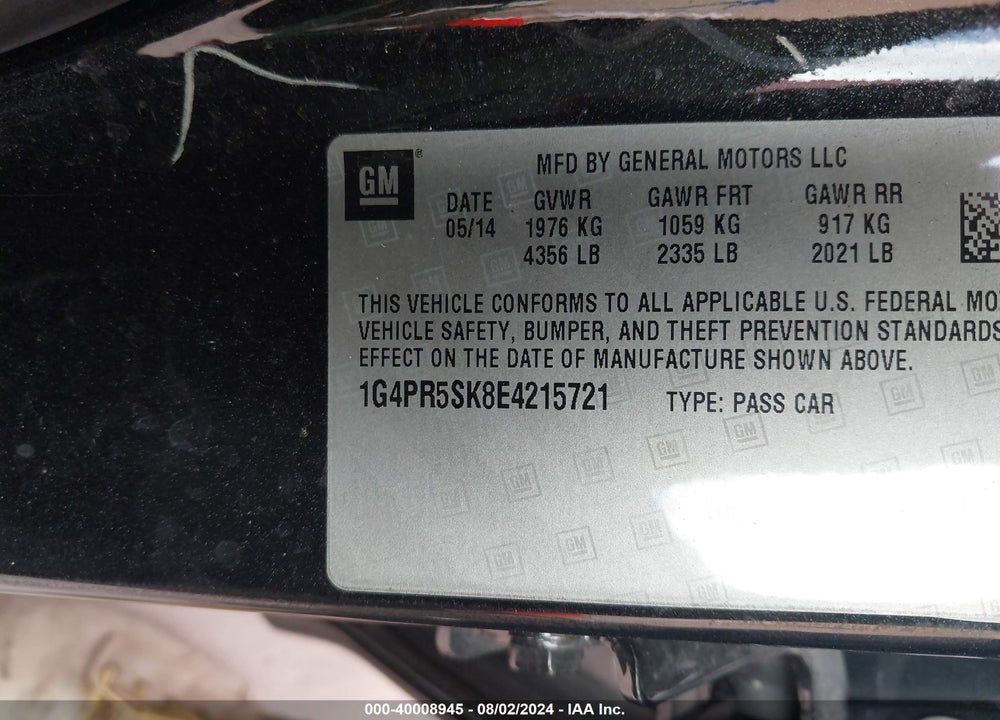 2014 BUICK VERANO VIN: 1G4PR5SK8E4215721