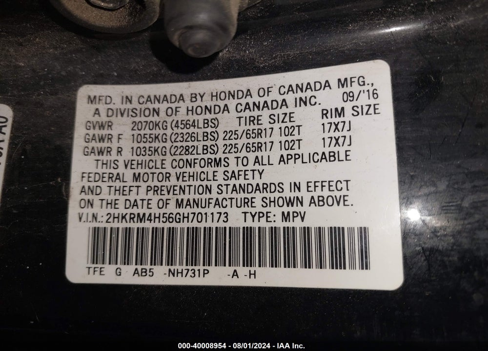 2016 HONDA CR-V EX VIN: 2HKRM4H56GH701173