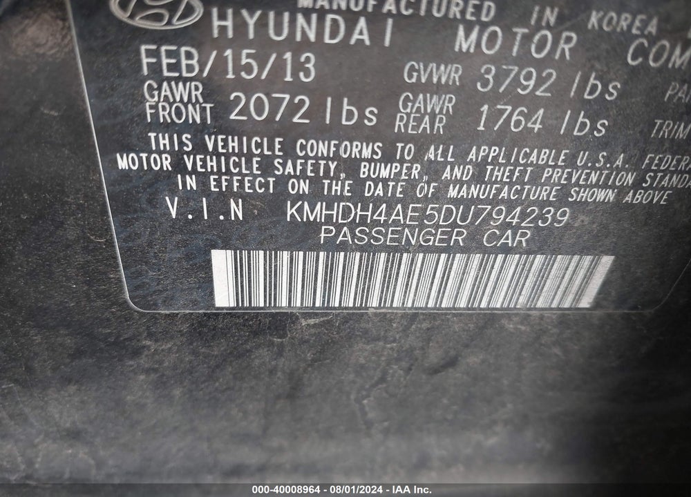 2013 HYUNDAI ELANTRA GLS VIN: KMHDH4AE5DU794239
