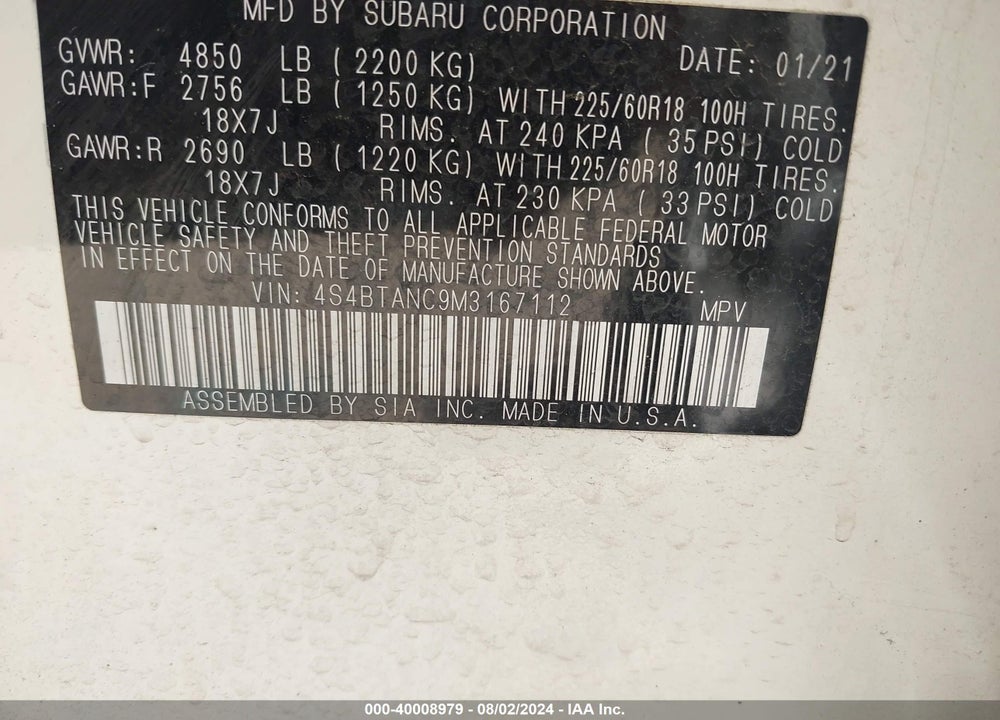 2021 SUBARU OUTBACK LIMITED VIN: 4S4BTANC9M3167112
