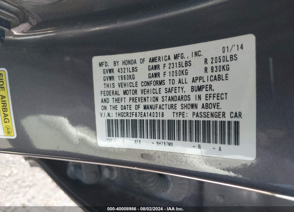 2014 HONDA ACCORD VIN: 1HGCR2F87EA140318