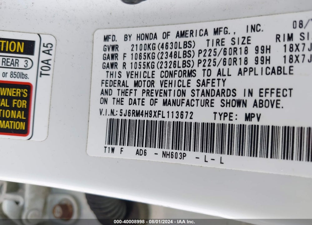 2015 HONDA CR-V TOURING VIN: 5J6RM4H9XFL113672