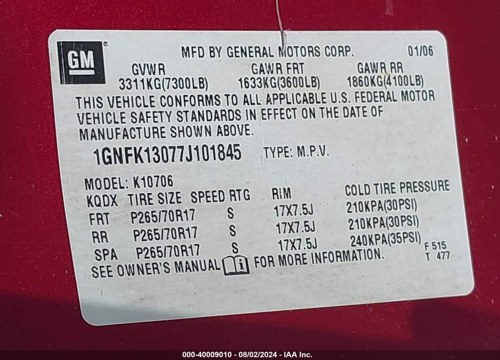 2007 CHEVROLET TAHOE LT VIN: 1GNFK13077J101845