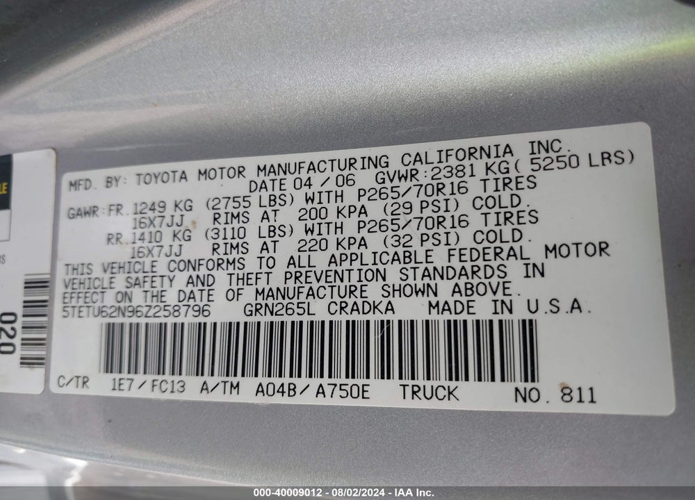 2006 TOYOTA TACOMA PRERUNNER V6 VIN: 5TETU62N96Z258796