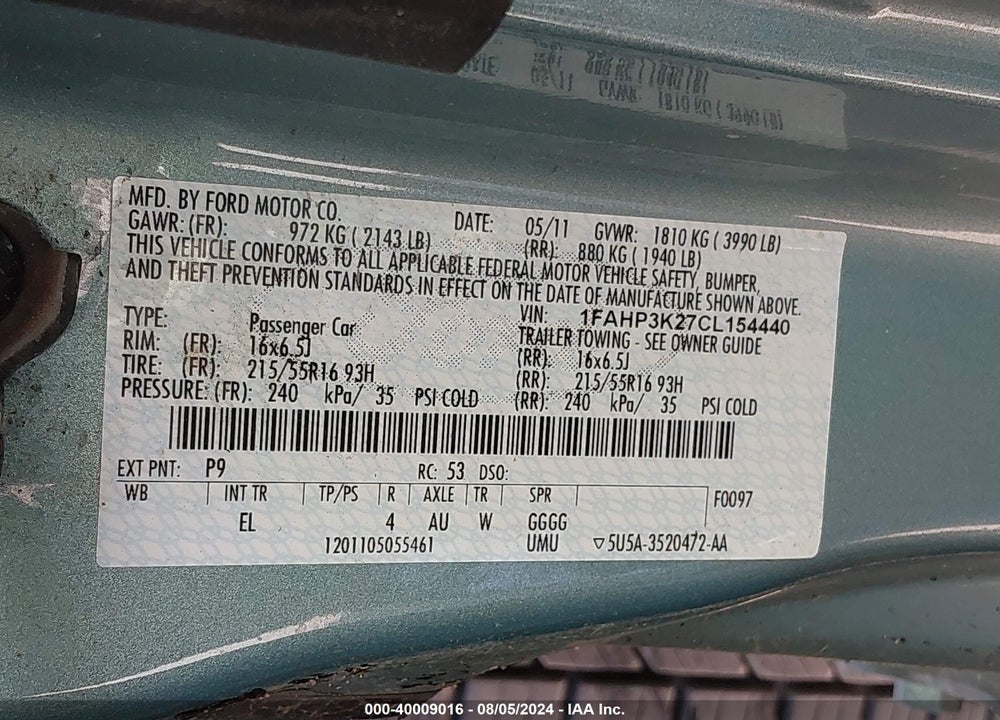 2012 FORD FOCUS SE VIN: 1FAHP3K27CL154440