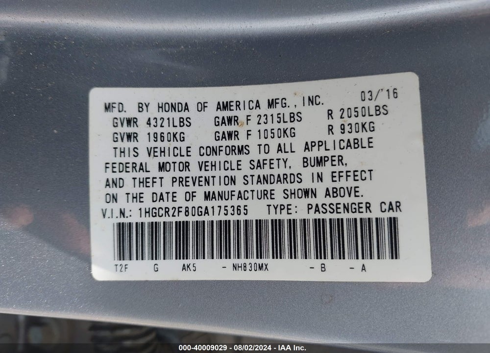 2016 HONDA ACCORD EX-L VIN: 1HGCR2F80GA175365