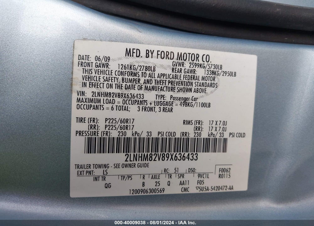 2009 LINCOLN TOWN CAR VIN: 2LNHM82V89X636433