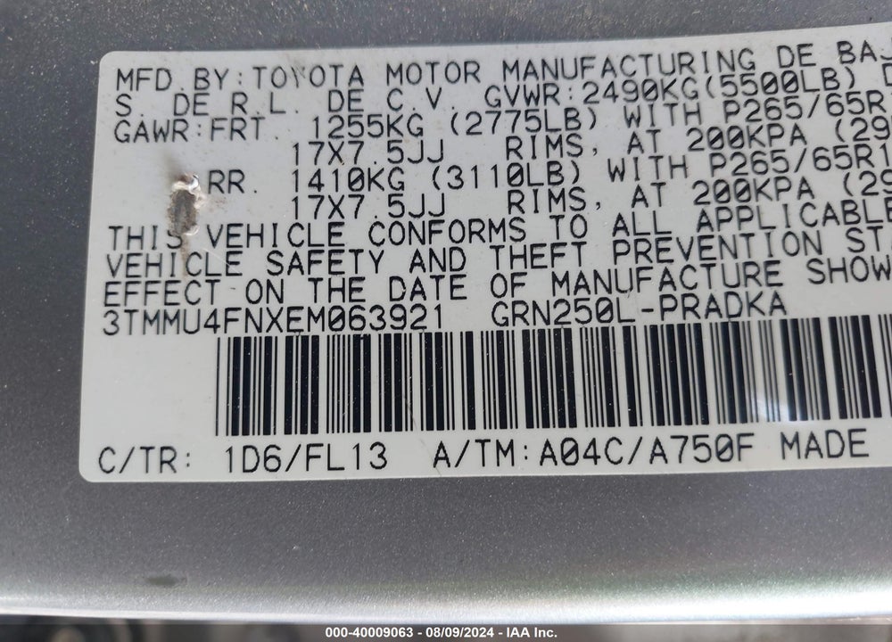 2014 TOYOTA TACOMA BASE V6 VIN: 3TMMU4FNXEM063921