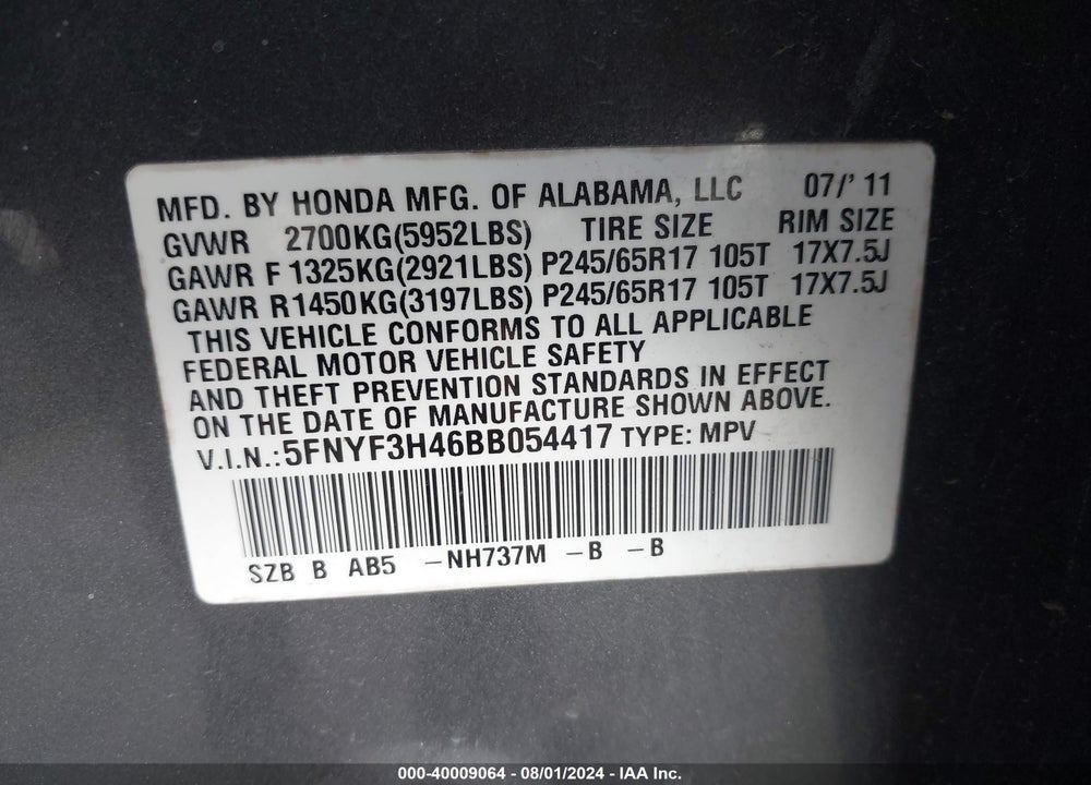 2011 HONDA PILOT VIN: 5FNYF3H46BB054417