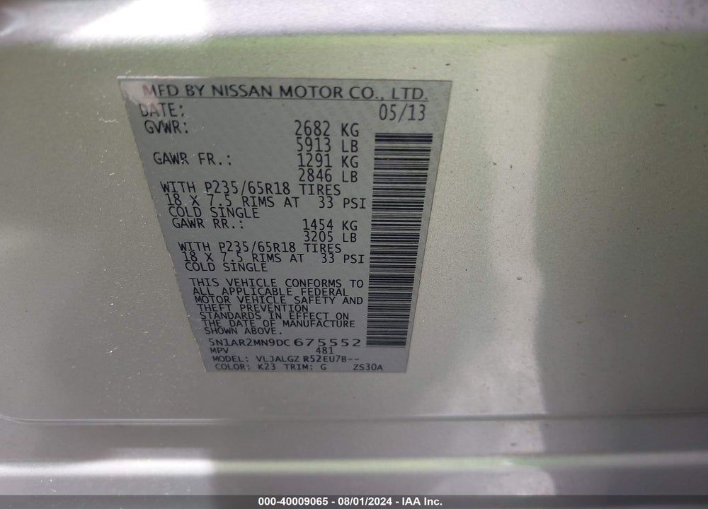 2013 NISSAN PATHFINDER SL VIN: 5N1AR2MN9DC675552