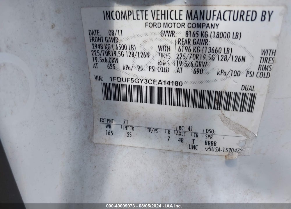 2012 FORD F-550 CHASSIS XL VIN: 1FDUF5GY3CEA14180