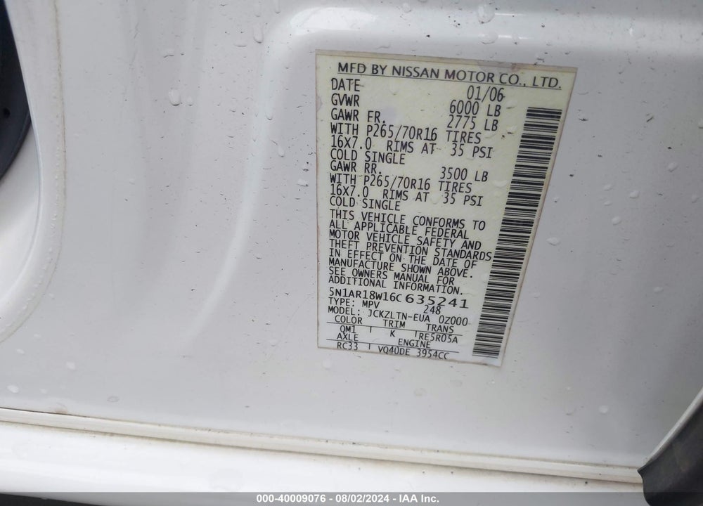 2006 NISSAN PATHFINDER SE VIN: 5N1AR18W16C635241