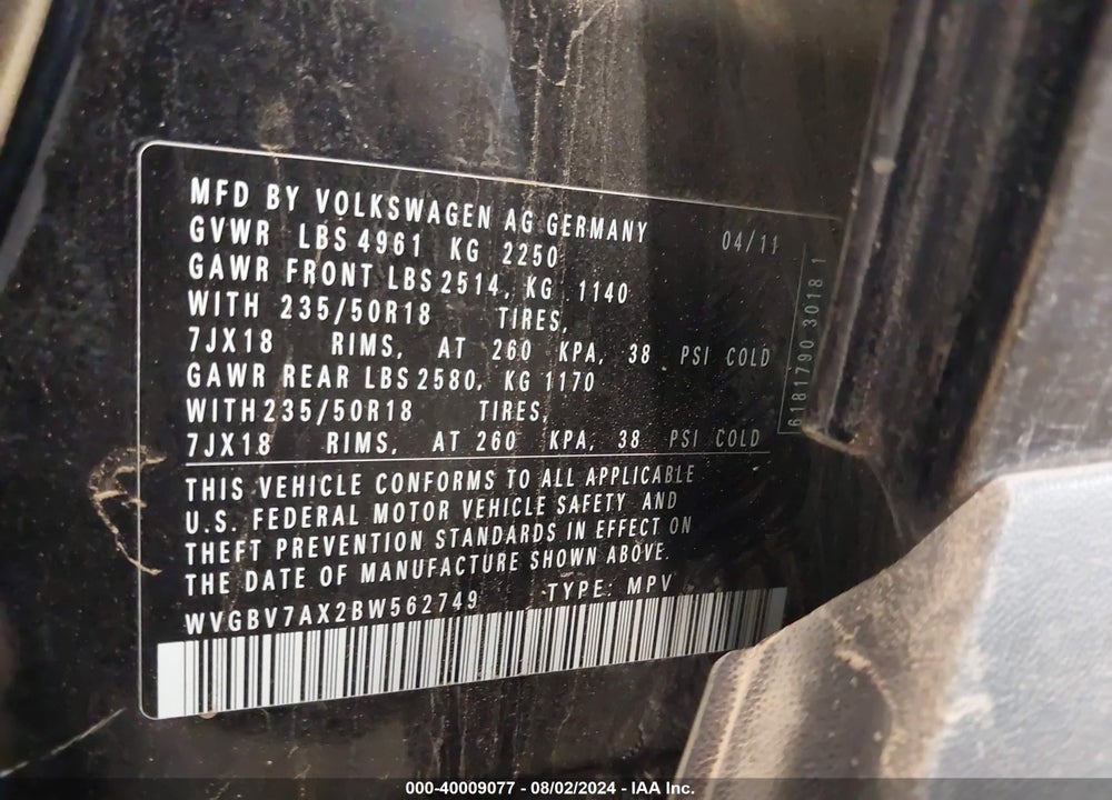 2011 VOLKSWAGEN TIGUAN SE VIN: WVGBV7AX2BW562749