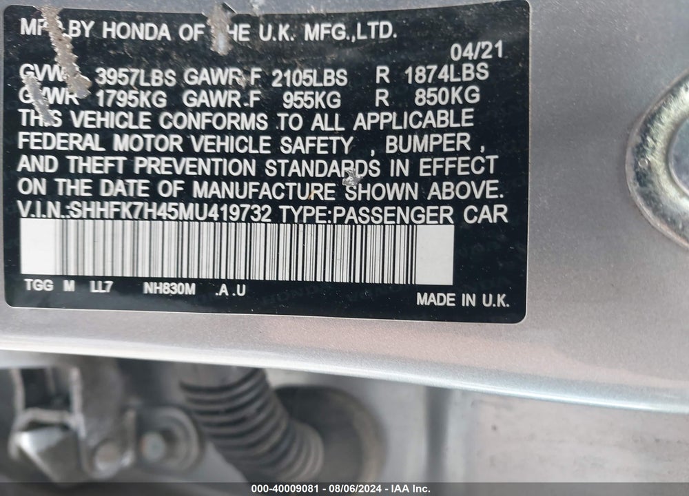 2021 HONDA CIVIC SPORT VIN: SHHFK7H45MU419732