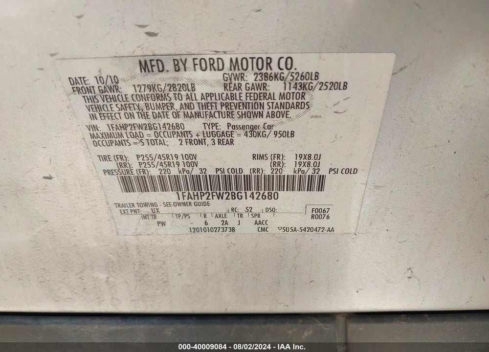 2011 FORD TAURUS LIMITED VIN: 1FAHP2FW2BG142680