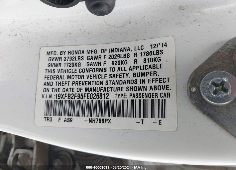 2015 HONDA CIVIC EX-L VIN: 19XFB2F95FE026812