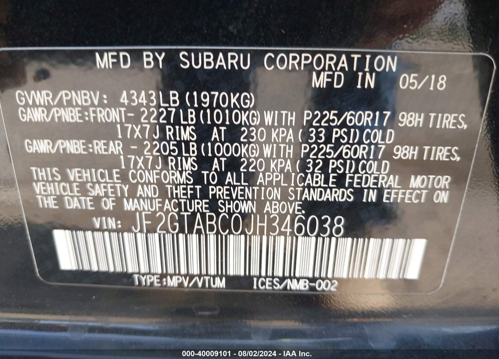 2018 SUBARU CROSSTREK 2.0I PREMIUM VIN: JF2GTABC0JH346038