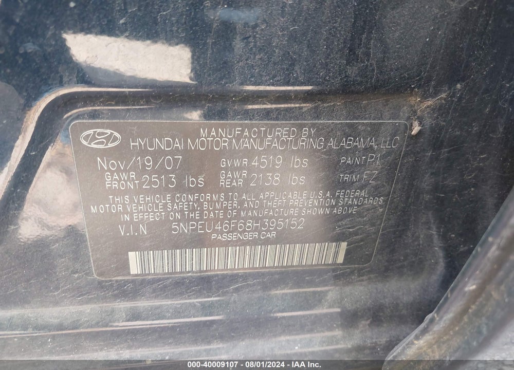2008 HYUNDAI SONATA VIN: 5NPEU46F68H395152